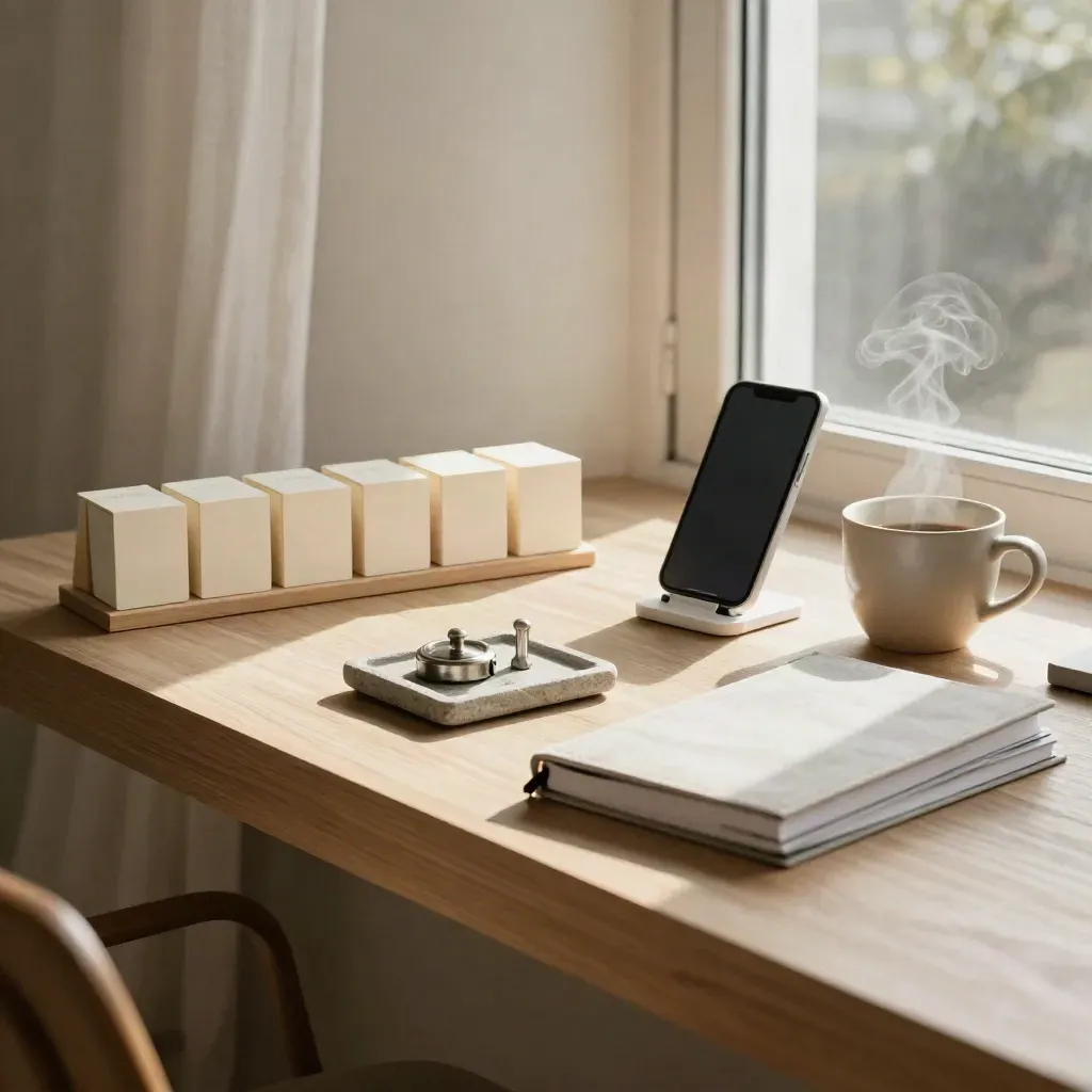 Home office still life with calendar cubes, phone stand, coffee cup, and closed notebooks by a window.