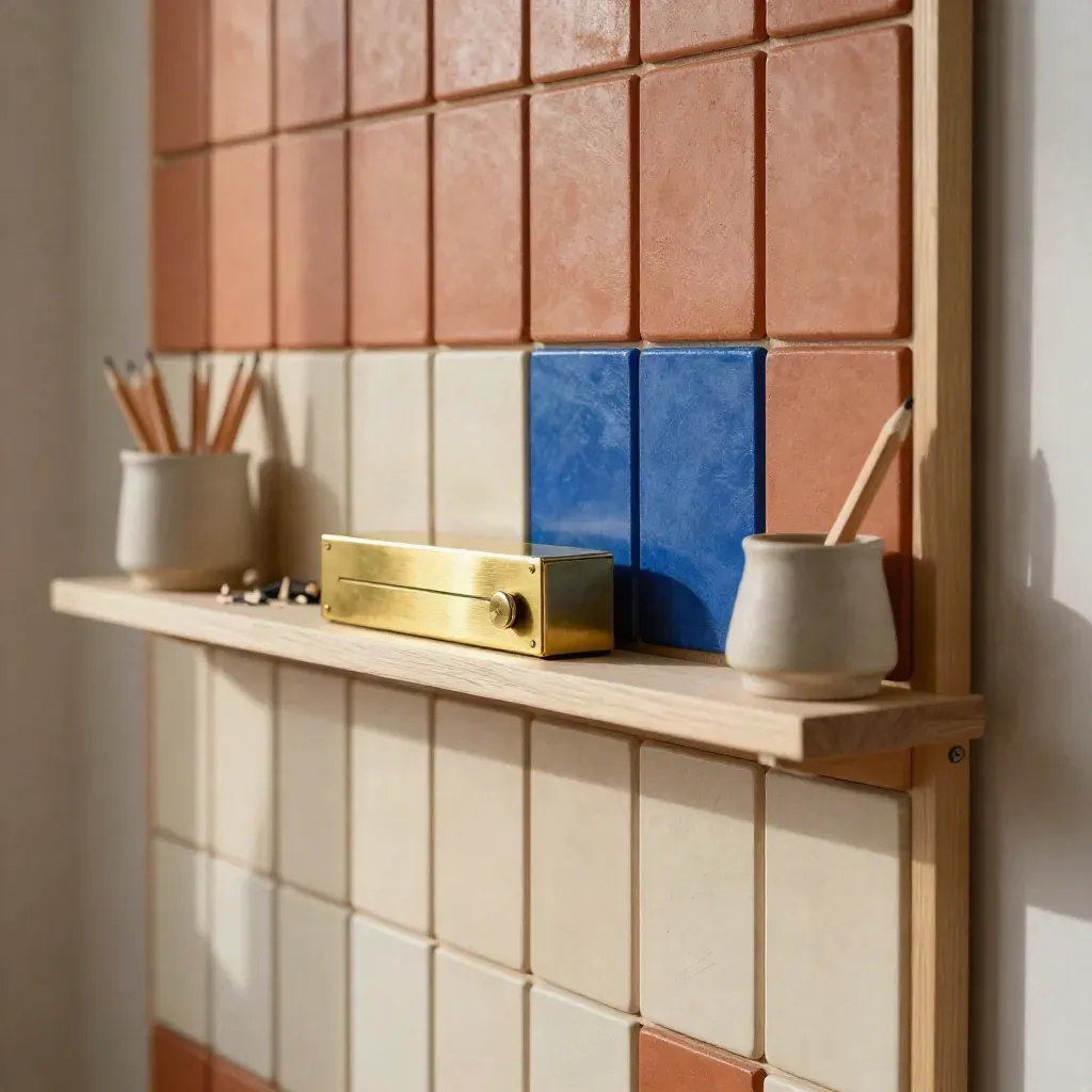 Tall magnetic habit board with brass timer and pencil cup, a blue tile advanced on a plaster wall.