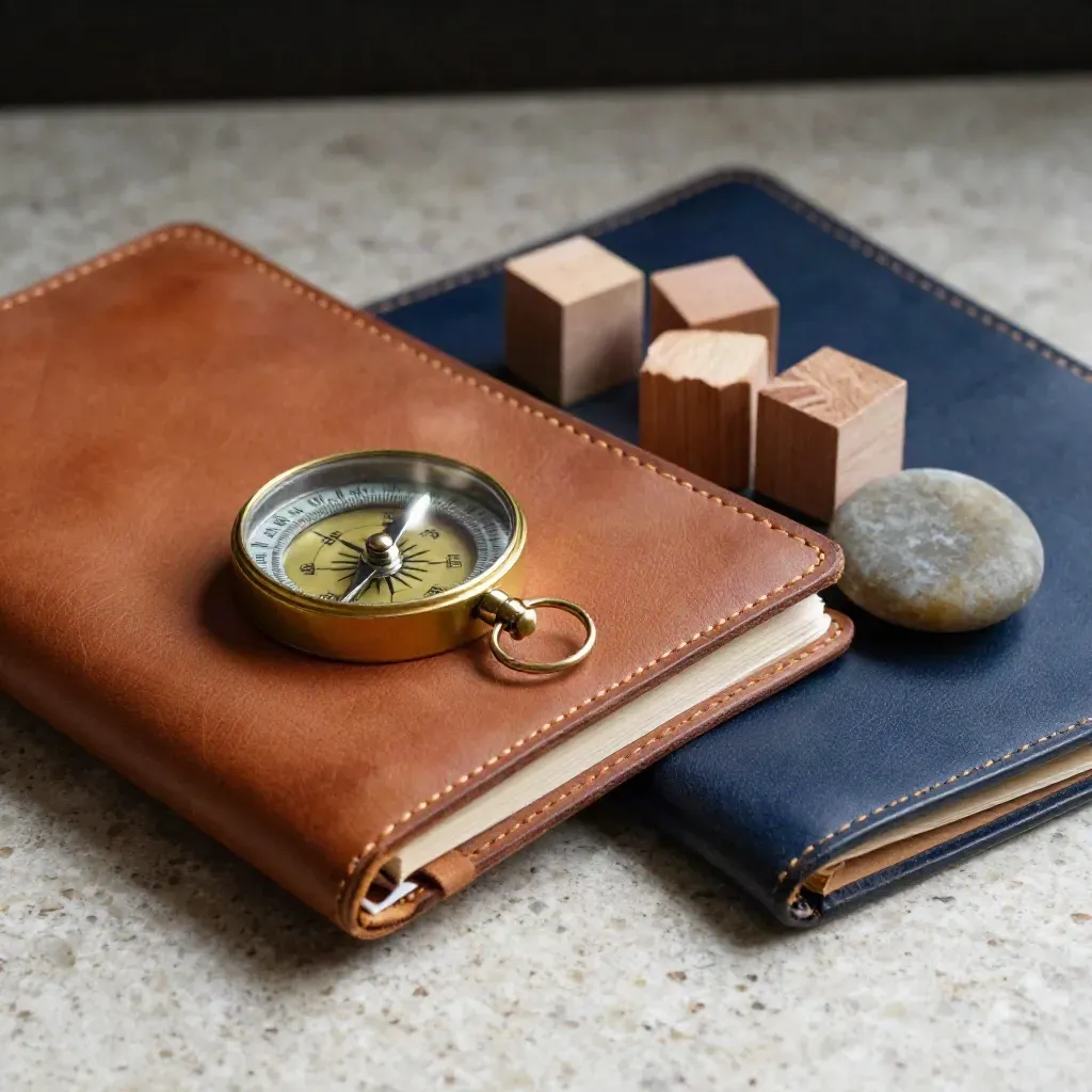 Coaching kit on travertine with notebook, compass, milestone blocks and river stone.