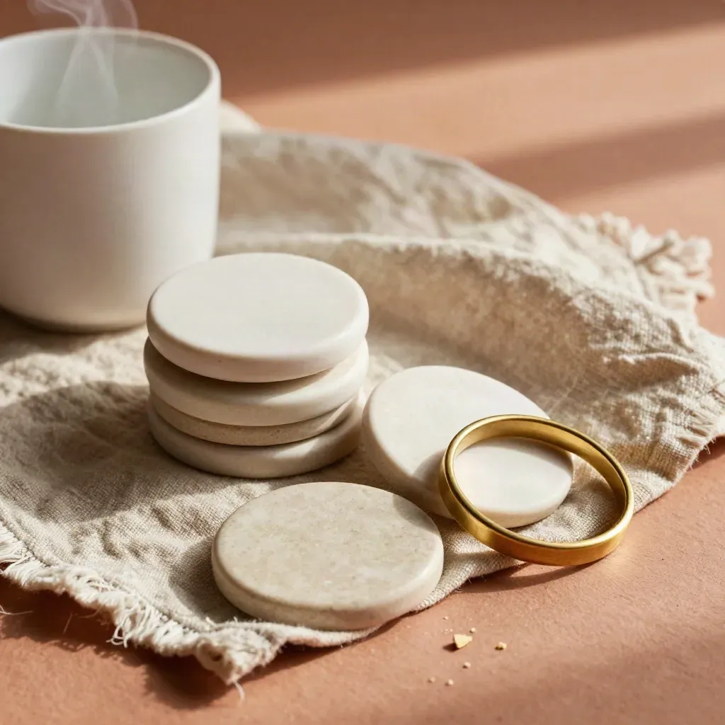 Overhead still life of habit tokens, a steaming white cup, and a brass ring on linen.