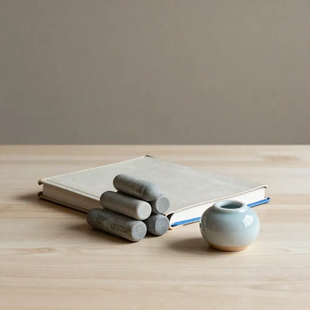 Stone markers, closed journal, and ceramic paperweight on pale wood in soft side light.