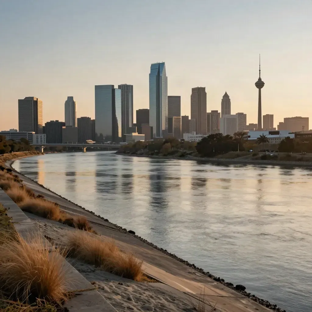 Dallas skyline at golden hour above the Trinity River and levee, wide calm cityscape
