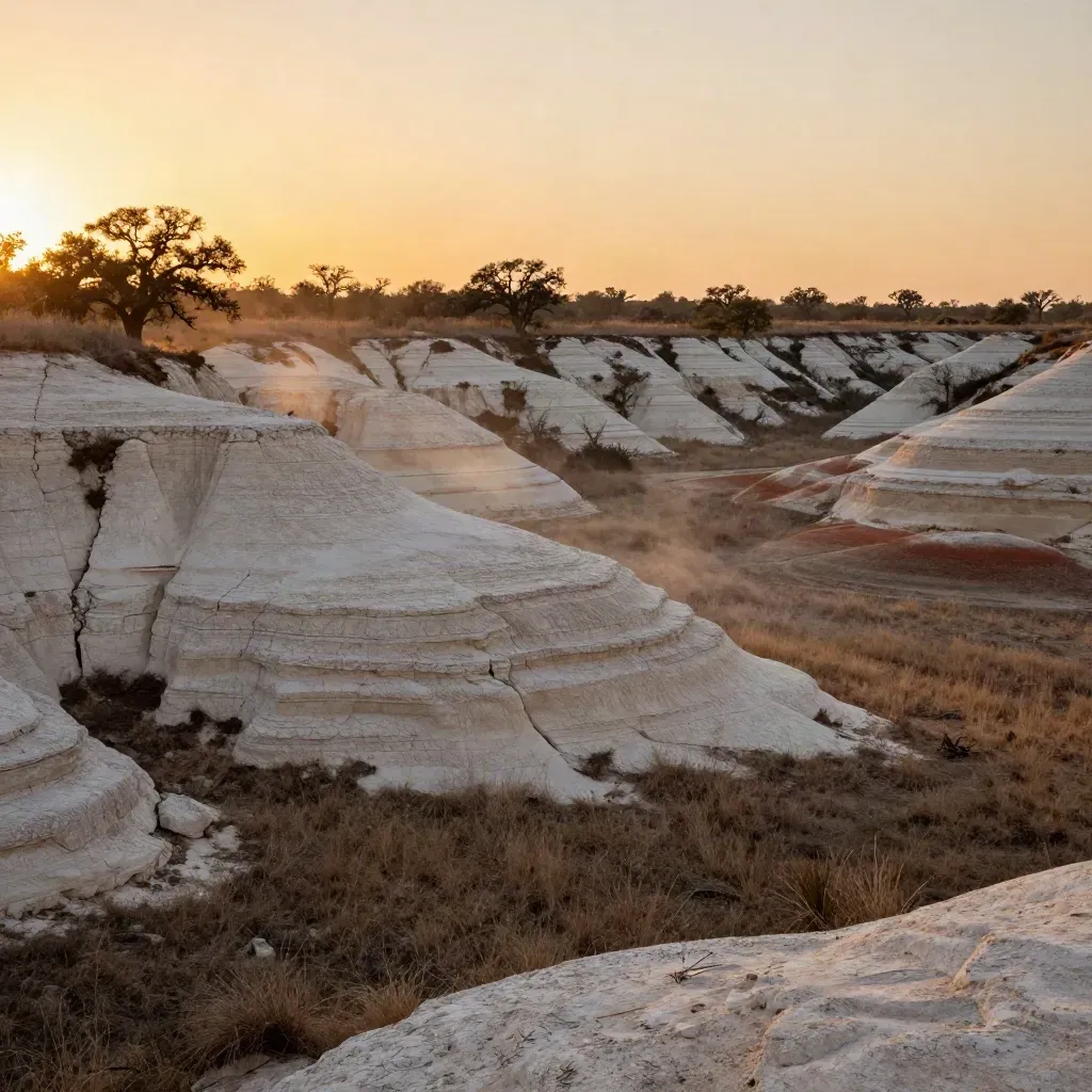 Sunset over San Antonio Hill Country limestone ridges and oak silhouettes with calm open sky.
